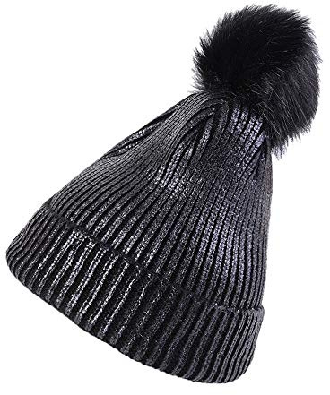 YEKEYI Warme Strickmütze für Damen, Winter, mit Kunstfell-Bommel, metallisch glänzende Mütze, Schwarz , Einheitsgröße