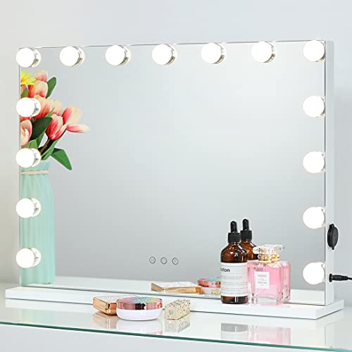2-FNS Miroir de Maquillage Hollywood avec 15 LED, Écran Tactile, Grand Miroir avec Éclairage, 3 Changements de Couleur, Luminosité Réglable, avec USB, 58X43cm, Blanc