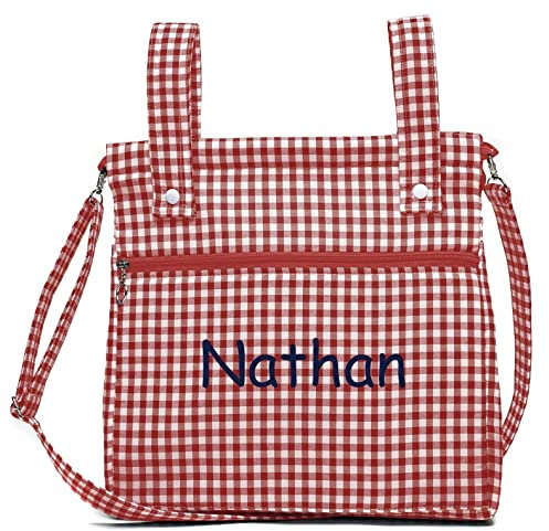 Bolsa panera de algodón vichy personalizada con nombre bordado - Bolso carro - Talega carrito de bebé - Nenel (Rojo)