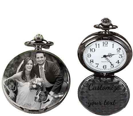 Jacklin F Personalisierte Foto Taschenuhr, gravierter Text Schmuck mit Kette Geschenk für Weihnachten Graduierung Geburtstag Vatertag