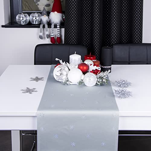 DECOOR Tischläufer für Weihnachten - schmutzabweisendes Tischband, 40 x 120 cm, Grau, Weinachtstischläufer aus 200 g/m² Stoff, Kristallen in Form von Schneeflocken, hergestellt in der EU