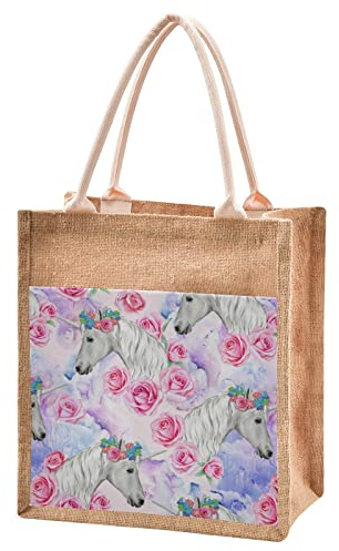 CaTaKu Jutetaschen mit Griffen und Reißverschluss, Motiv: Rosen, Aquarell-Einhorn, Jutebeutel, Segeltuchtasche, Einkaufstaschen, Jutebeutel, wiederverwendbare Geschenktüten für Reisen, Outdoor,