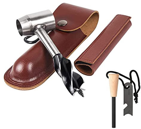 HNONPW Bushcraft Gear for Survival Settlers Bushscraft Handbohrer Wrench with Flint Scotch Eye Wood Drill Peg and Manual Hole Maker Multitool with leather case Camping brown