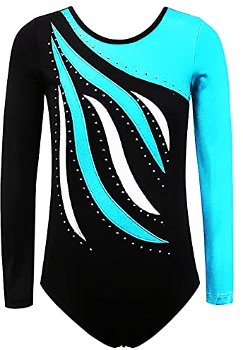 FINGER TEN Gymnastikanzug Mädchen Kurzarm Langarm Kinder Ballettanzug Gymnastik Training Gymnastikbody Trikotanzug Tanz Kleid Ballettkleid (Aqua, Tag 10A (9-10 Jahre))