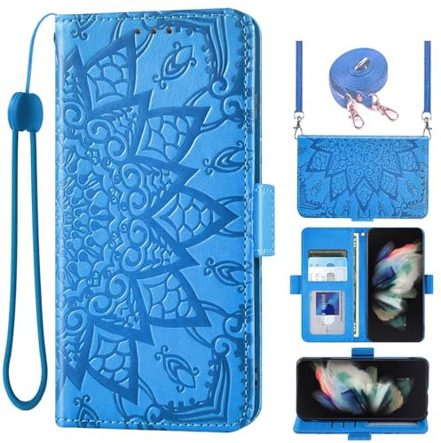 Asuwish Funda para Samsung Galaxy Z Fold 3 5G Funda con Banda Cristal Tarjetero Plegable Cuero Monedero Soporte ZFold3 Z3 Fold3 ZFold 3Z ZFold35G Fundas Teléfono Móvil Fundas Mandala Phone Case Azul