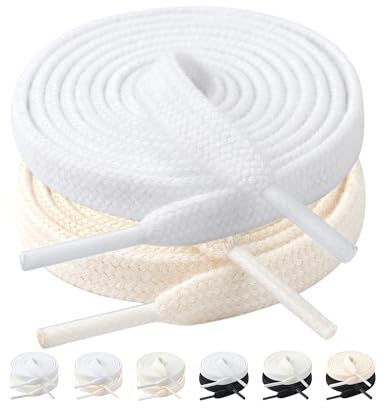 Stepace 2 Pairs Cotton Flat Shoelaces 8mm Shoe Laces for Sneakers, White and beige, 100