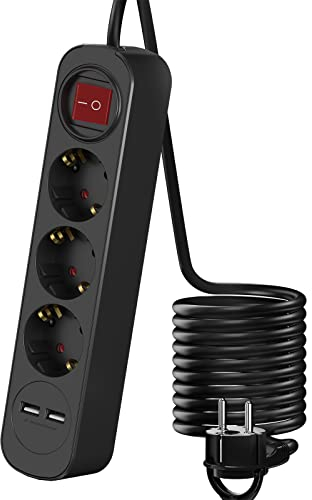 Mehrfachsteckdose mit USB, Realmade 3 Fach Steckdose, Verlängerungskabel Schwarz 5m