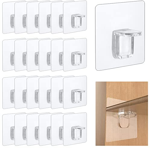 MINISOISO 24 Pezzi Staffe per Mensole Autoadesive - Supporti in Plastica Trasparente per Armadi, Cucina, Libreria, Bagno - Ideali per Pareti Divisorie, Ripiani e Mensole