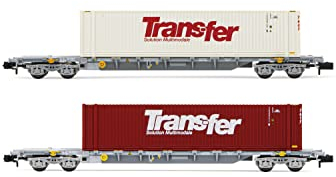 SNCF 60-Fuß-Containerwagen, 4 Achsen, 2 Stück, Novatrans Sgss, grau, mit 45-Fuß-Container „Trans-Fer“, Epoche V