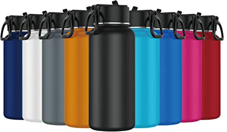 Mi Ko Mi Ka Botella de Agua de Acero Inoxidable - Botella Térmica Reutilizable Deportiva | Sin BPA | Mantiene Frio y Calor | Termo y Hermética - A Prueba de Fugas (1 Litro, Negro)