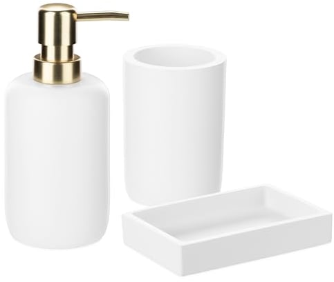 Navaris Set Accessori Bagno 3X Pz - Bicchiere Porta Spazzolino da Denti Dispenser Porta Sapone Vassoio Porta Saponetta - Kit Portasapone Bianco e Color Oro - con Tappo Dorato Opaco