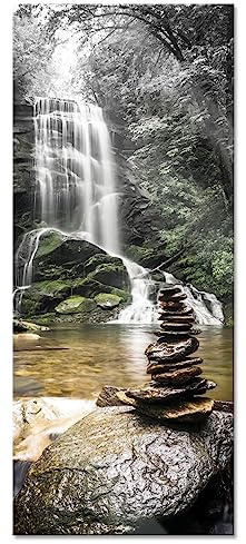 Pixxprint Glasbild Panorama, Wandbild aus Echtglas, Zen Steine vor Wasserfall, 100x40 cm, inkl. Aufhängung und Abstandshalter
