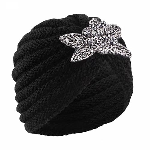 YEHUDAF LEE- Indischer Hut mit Vierblatt-Diamanten, gestrickter Kopftuchhut für Herbst und Winter mit Schmuck-Accessoire (2)