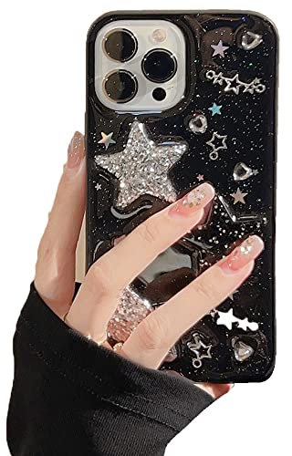 LOLAGIGI for iPhone X/Xs Case Bling Stars 3D Hearts Diamond Twinkle Star Glitter Y2K Spark Luxury Girly Aesthetic Personalized Design for Women Girls Teens Soft Transparent TPU Case, 5.8, Black