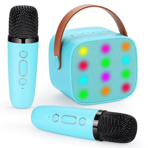 Damcyer Máquina de Karaoke 2 Micrófonos, Máquina de Karaoke Portátil Bluetooth,Microfono Inalambrico Portátil para Niños y Principiantes,Azul