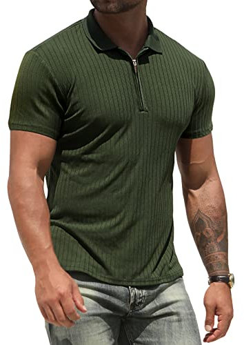 NITAGUT Poloshirt für Herren Workout Leistung Slim Fit Reißverschluss T-Shirts Männer Sport Golf Tennis Oberteile,Dunkelgrün,XL