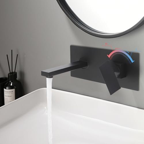 KEESUNG Waschbeckenarmatur Unterputz, Wandmontage Badarmatur Waschtisch Wasserfall Wandarmatur Wandmontage für Badezimmer (Schwarz)