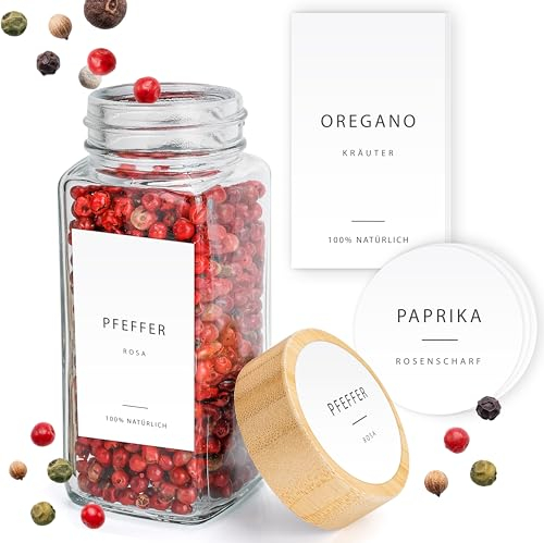 Happy Lemuro Gewürzetiketten selbstklebend [240 Stück] Gewürzaufkleber auf Deutsch, Gewürzgläser Etiketten - wasserfest - Gewürzetiketten rund & eckig - weiß - Aufkleber für Gewürzgläser