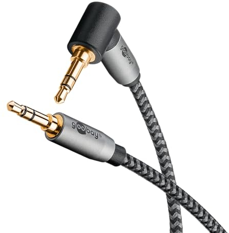 goobay 65279 Câble audio auxiliaire/fiche coudée à 90 degrés/câble jack 3,5 mm gaine en tissu/Convient pour téléphones portables, écouteurs, consoles, 2M