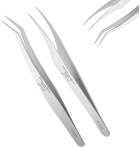 Obeyalash Pince Faux Cils pour Extension, 2 Paires Professionnelle de Précision Argenté Inoxydable Ensemble de Pinces à Cils Individuels Cils à épiler Courbée à 45° pour Isoler Cils