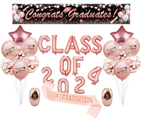 hocadon Rose Gold ABI Deko, Abschluss Deko 2024 Set, Abitur 2024 Deko Banner, Prüfung Bestanden Luftballons, Inklusive Schultergurt, Banner, Luftballons, Dekorationen für die Abschlussfeier