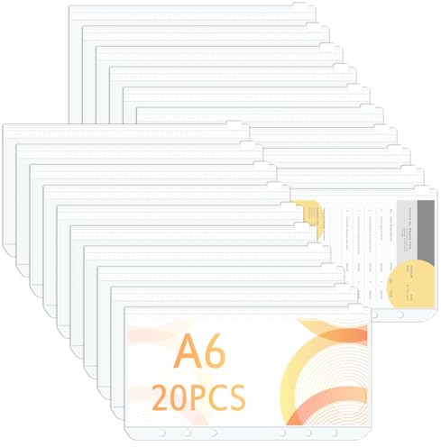 20 Stück A6 Binder Taschen, Caianwin PVC 6-Loch Reißverschluss Ordner,Wasserdicht Kunststoff Bindertaschen, Transparent Geld Budget Umschläge, Budget Planer Zubehör für Binder A6