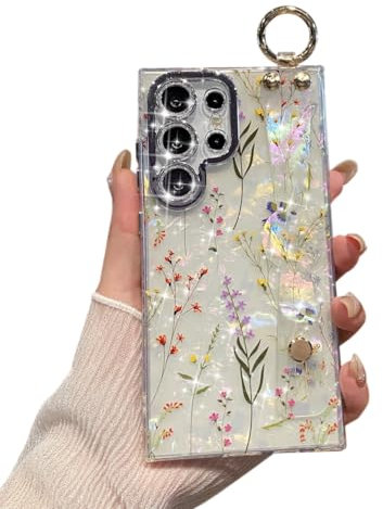 YOUWUMA for Samsung Galaxy S24 Ultra Case with Wrist Strap Kickstand Cute Glitter Cartoon Camera Lens Protector Shockproof Protective Cover for Women Girls (Minnie)