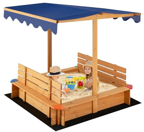COSTWAY Kids Sandbox Age 3+, Wooden Square Sandpit with Canopy, Built-in Bench Seat, Bottom Liner, Outdoor Sand Box for Backyard Garden Beach