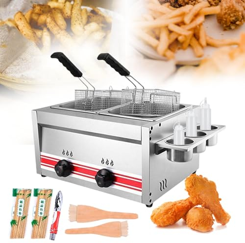 Friteuse À Gaz Commerciale, Friteuse En Acier Inoxydable Avec Support À Condiments Et Bouteilles De Sauce, Friteuse À Gaz Professionnelle Pour Restaurant De Restauration Rapide,20L