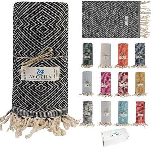 AYOZHA Luxus Hamamtuch XXL 180x95 cm - 100% Baumwolle Schnelltrocknend Sandfrei vorgewaschen kompakt - Perfekt für Strand, Sauna, Picknick und Reise (Schwarz)