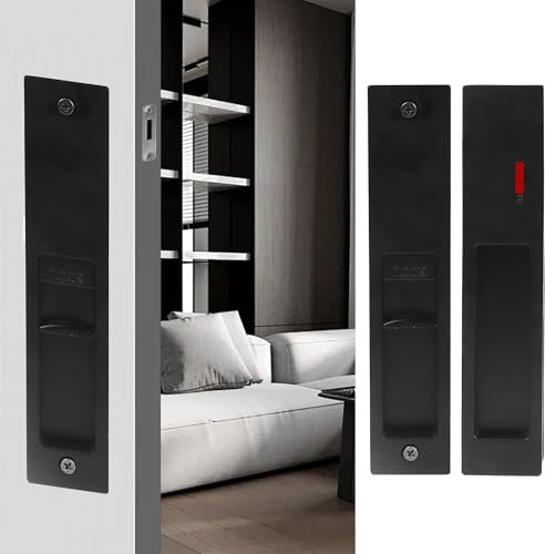 7 Black Privacy Pocket Door Lock Hardware, Patio Sliding Door Handle Set,Concealed Recessed Door Handle Door Lock Furniture Hardware Door Locks for Many Scenarios Bathroom, Barn,Bedroom(no Need Keys)