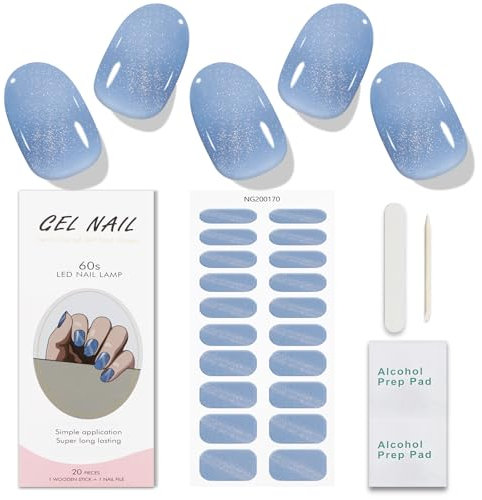 JMEOWIO Gel Nail Stickers Blue Cat Eye Semi Cured Gel Nail Strips Wraps UV/LED Nails Art Design Decoration Accessories