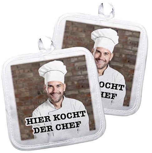 Topflappen-Set personalisiert (Chefkoch)| mit Wunschfoto Bedruckt | Geschenkidee für Männer und Frauen |17 x 17 cm | Hobbykoch | mit Aufhänger
