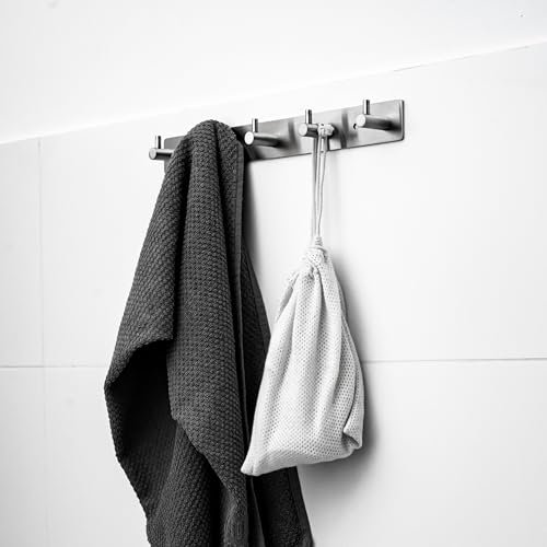 ELMOWO - Edelstahl Hakenleiste mit 5 Haken ohne Bohren selbstklebend inkl. Spezialkleber (extrem sicherer Halt) Für glatte Oberflächen - Aufhängeleiste für Bad, Küche, Flur oder Schlafzimmer (silber)