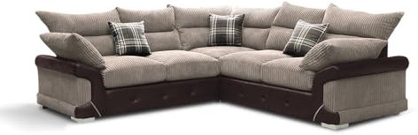 Logann 5 Seater Sofa - Jumbo Cord Corner High Back - Comfort Cushion with Armrest - Modular Corduroy Sofa for Lounge Drawing Room & Office Indoors Christmas Decor (Brown Leather - Beige Cord)