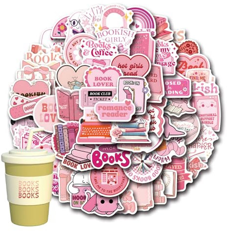 Bookish Sticker Set 60 Stück - Wasserfeste Kawaii Rosa Aufkleber Deko - für Skateboard Kindle Laptop Handy Koffer Helm Motorrad