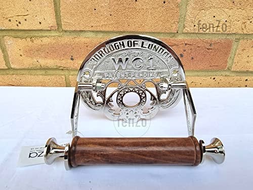 Fenzo Traditional Brass Toilet Roll Holder WC1 Wooden Roller Victorian Railway Station Vintage Design Wall Mounted Loo Roll Holder, Elegant Touch, Easy Installation (Silver)