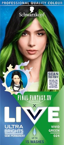 Schwarzkopf LIVE Ultra Brights or Pastels Vivid Green 024 Shade, Semi-Permanent Green Hair Dye, FINAL FANTASY™ XIV Online x Live, Vibrant Hair Dye Kit Lasts Up to 15 Washes