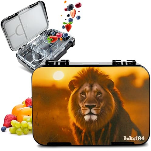 Boks184 Brotdose Kinder mit Fächern - Bento Box auslaufsicher - robust - BPA Frei Lunchbox - Brotbox für Schule, Kindergarten & Ausflüge - Snackbox -Vesperbox (Löwe schwarz)