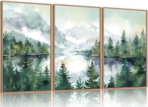 TOARTI Aquarell Grüne Bilder Wohnzimmer Wandbilder Natürliche Landschaft Bild Aesthetic Berglandschaft Leinwand Bilder Modern Wanddeko Kunstdruck Schlafzimmer Badezimmer Büro Esszimmer 3er Set 30x40cm