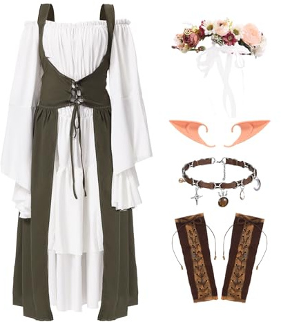 Elfen Kostüm Damen Mittelalter Kleid Damen Renaissance Kleidung mit Elfenohren Lederhandschuhen Trompetenärmel Halloween Cosplay Karneval Kostüm für Mittelalterfest Cosplay Karneval XL