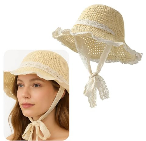 Lace Sun Hats, French Style Floral Lace Bowknot Straw Hat, Summer Straw Hat Women, Foldable, Beach Vacation UV Protection, Beach Sun Hats for Travel Beach Cap Outdoor Pool Hiking Off-White
