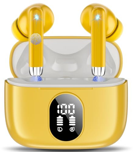 QXQ Auriculares Bluetooth 5.4, 2025 Nuevo Auriculares Inalambricos Hi-Fi Estéreo con 4 ENC Micrófonos, 40 Horas Mini Cascos Inalambricos Bluetooth con Pantalla, Audifonos Amarillo para Android iOS