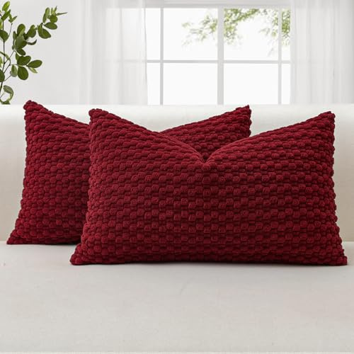 JOTOM 2er Set Cord Kissenbezüge, 3D Bubble Texture Boho Zierkissenbezug Dekorative Sofakissen Dekokissen Kordsamt Kissenbezug Deko Kissenhülle für Couch Sofa Wohnzimmer (40x60cm, Burgund)