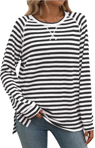 Flikity Striped Long Sleeve Tops Women Blouses Ladies Longline Tops | Crew Neck T Shirts Ladies Tunic Tops Trendy Casual Spring Autumn Winter Clothes M-XXL
