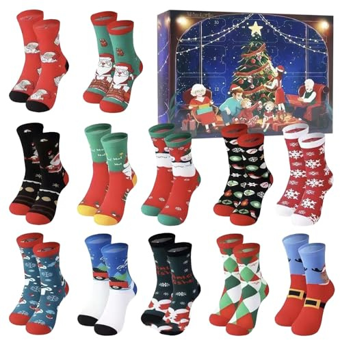Weihnachtssocken Adventskalender 2025, 12 Paar Adventskalender Ornament für Kinder, Lustige Socken Winterdekoration, 12 Tage Weihnachtsschmuck Taschen Ornamente für Ferienhaus Baum (Weiß_B)