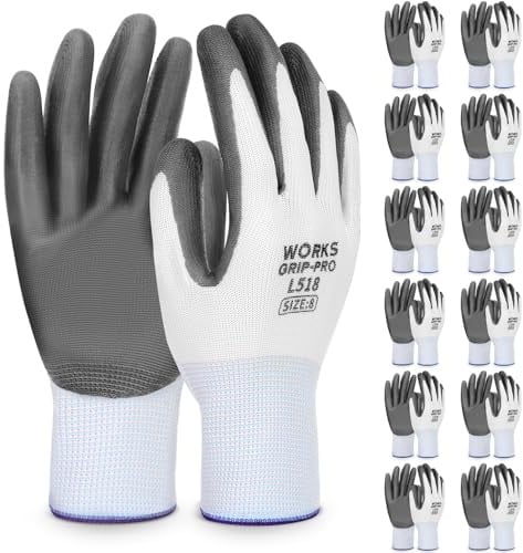12 Pairs Safety Work Gloves with Good Grip, White Construction Gloves | White Nitrile Coated Gloves for Builder Construction Garden Engineering Logistics Warehouse Assembly Utilities Public (M-8)