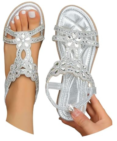 Luadnysin Sandales Femme Été Confortable Nu Pieds T-Strap Bride Élastique À La Cheville Ouvert Bout Chaussure De Plage Strass Cristal Florals Casual Chaussures,35-46