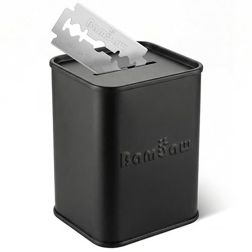 Bambaw Safety Razor Blade Disposal Tin for Double Edge Razor Blades, Also Suitable for Other Sharps, Sealed & Compact, One-Way Slot, High Capacity & Made of Tin-Plated Steel (Black)