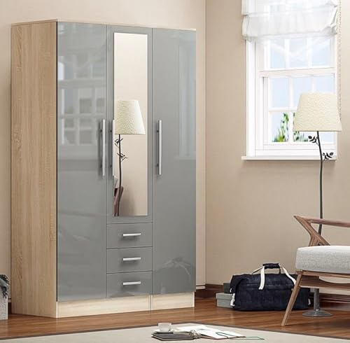 UNIQUE FURNISHINGS LTD High Gloss Grey 3 Door 3 Drawer Mirrored Combi Wardrobe with Hanging Rail, Shelves & Bedroom Storage